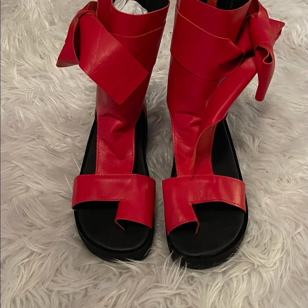 New women red leather sandals.